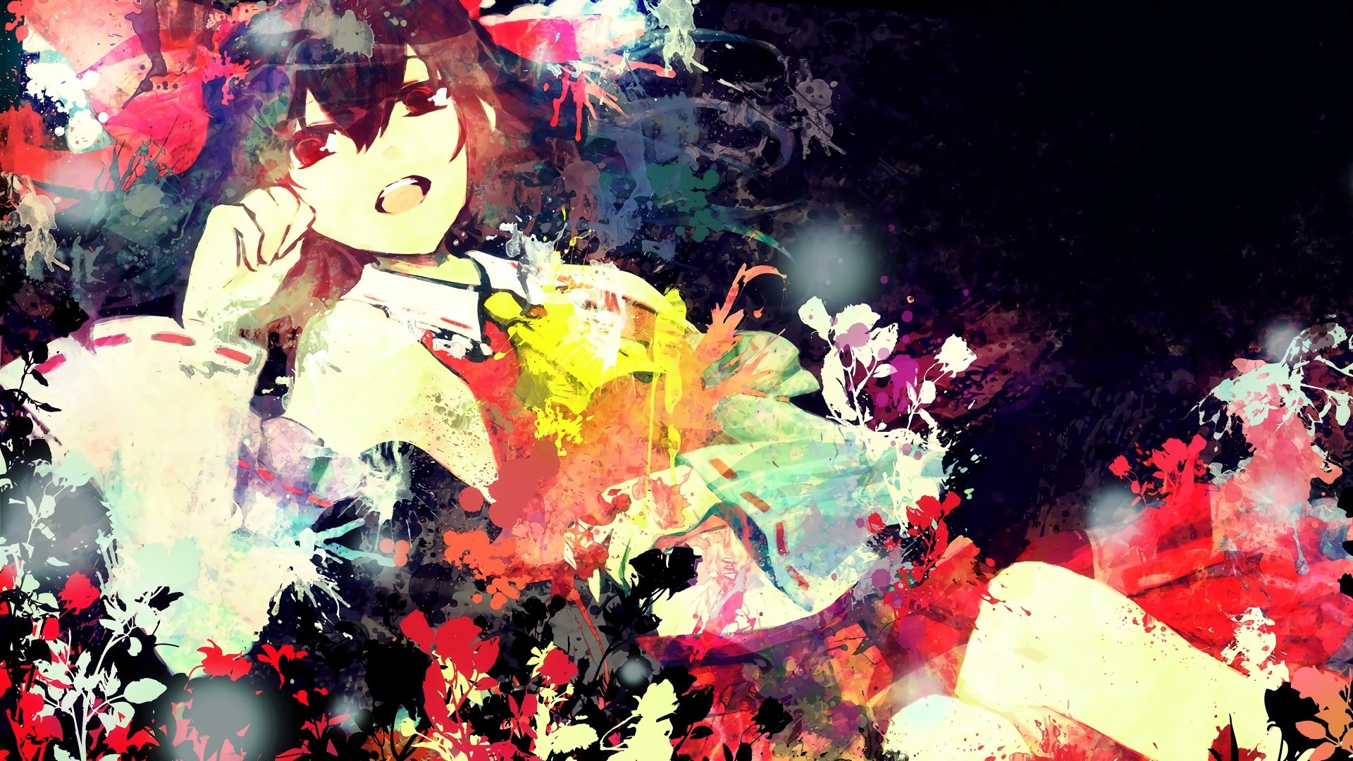 Vibrant 4K Ultra HD Touhou PC desktop wallpaper of anime heroine Reimu Hakurei, surrounded by colorful, painterly floral splashes on a dark backdrop.