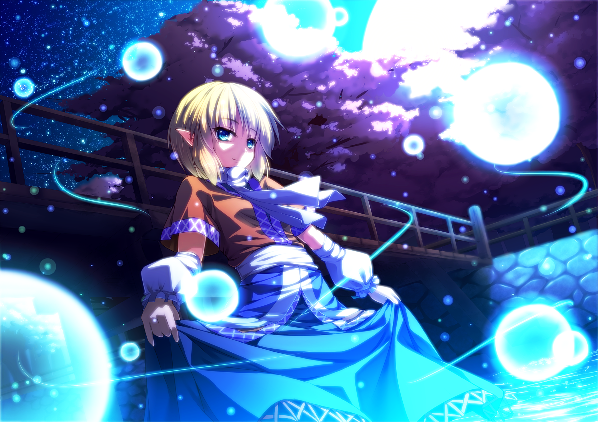 HD PC desktop wallpaper featuring Parsee Mizuhashi from the anime Touhou, depicted with glowing orbs under a starry night sky near a stone wall and railing.
