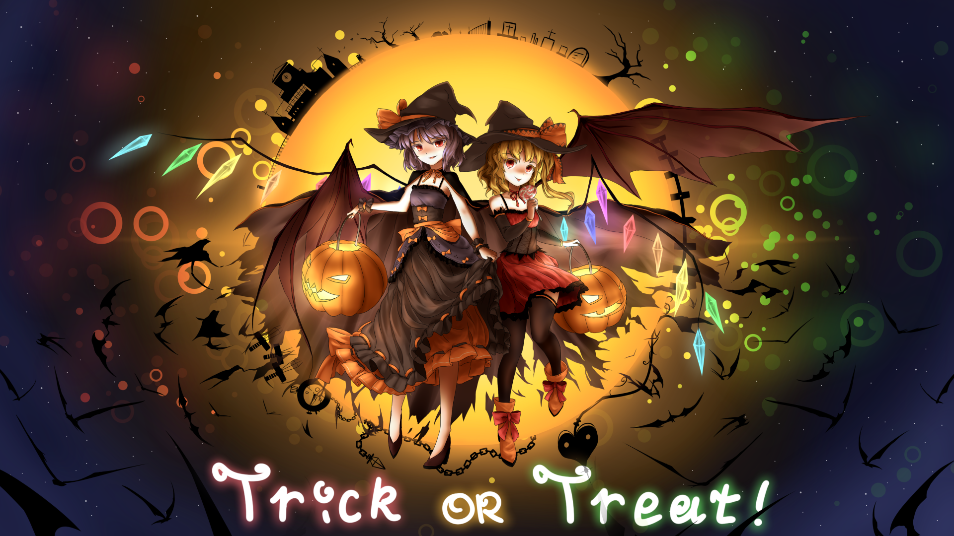 4K Ultra HD anime Halloween wallpaper featuring Touhou characters Remilia Scarlet and Flandre Scarlet in witch costumes with glowing pumpkins and colorful magic effects.