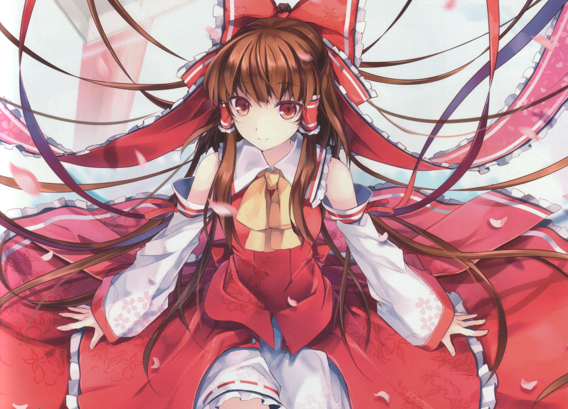 Reimu Hakurei from Touhou anime rendered in vibrant colors, featured in a detailed 4K Ultra HD PC desktop wallpaper with flowing ribbons and dynamic pose.