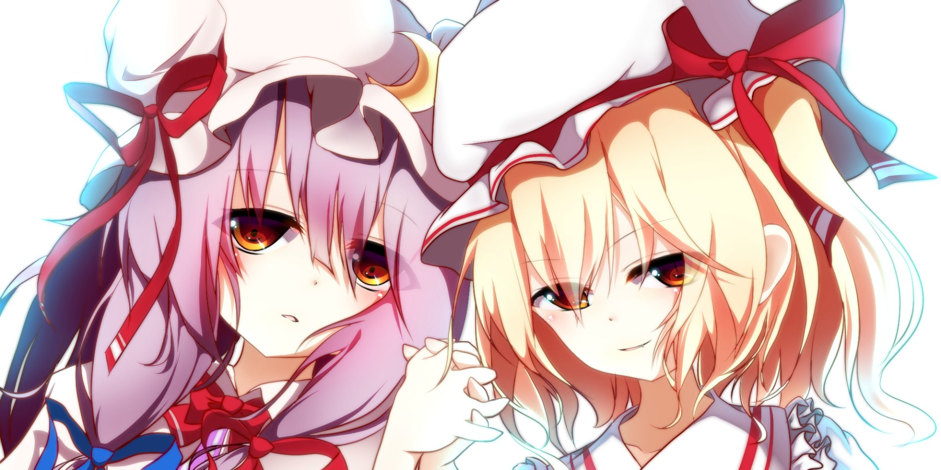 HD anime wallpaper featuring Touhou characters Patchouli Knowledge and Flandre Scarlet with detailed expressions and vibrant colors.