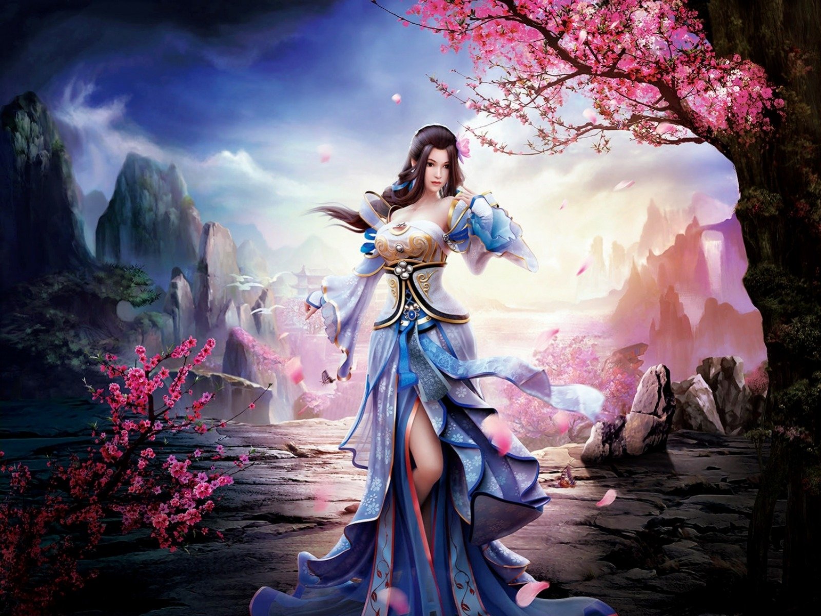 Download Pink Flower Blossom Flower Tree Asian Fantasy Woman Wallpaper