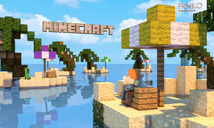 4K Ultra HD Minecraft video game wallpaper featuring blocky characters relaxing on sandy islands with palm trees and colorful umbrellas over calm blue water.