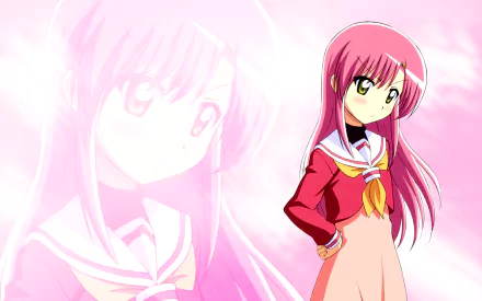 HD PC desktop wallpaper from Hayate the Combat Butler: pink-haired schoolgirl in a red sailor uniform stands against a soft pink background with a larger faded portrait of her behind.