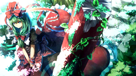 HD anime desktop wallpaper featuring Hina Kagiyama from Touhou, surrounded by vivid greenery and detailed natural elements in a vibrant fantasy setting.