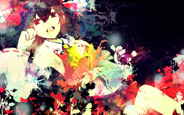 Vibrant 4K Ultra HD Touhou PC desktop wallpaper of anime heroine Reimu Hakurei, surrounded by colorful, painterly floral splashes on a dark backdrop.