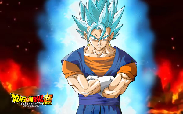 HD desktop wallpaper featuring SSGSS Vegito from Dragon Ball Super. Vegito stands confidently with his arms crossed, surrounded by an aura of blue energy and a dramatic red and black background.