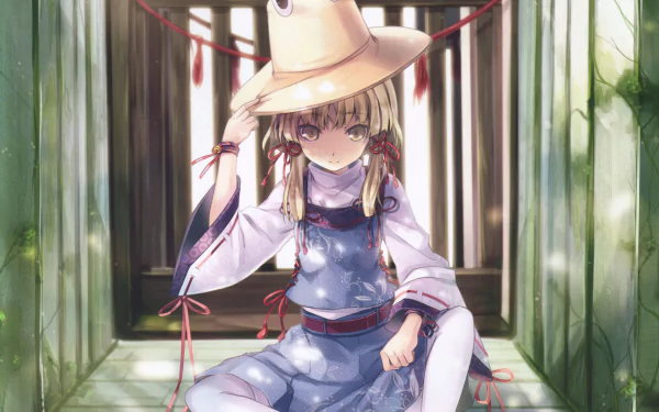 4K Ultra HD anime wallpaper featuring Suwako Moriya from Touhou, sitting in a sunlit, serene setting wearing her signature frog-themed hat.