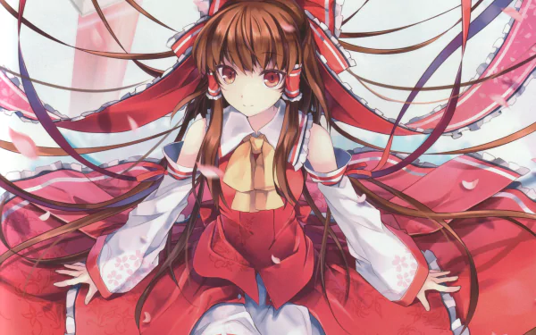 Reimu Hakurei from Touhou anime rendered in vibrant colors, featured in a detailed 4K Ultra HD PC desktop wallpaper with flowing ribbons and dynamic pose.