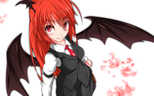 HD anime desktop wallpaper featuring Koakuma from Touhou, showcasing her red hair, demonic wings, and signature black and white outfit with a red tie.