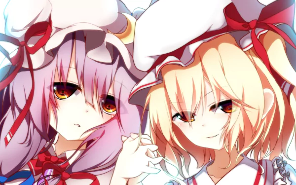 HD anime wallpaper featuring Touhou characters Patchouli Knowledge and Flandre Scarlet with detailed expressions and vibrant colors.
