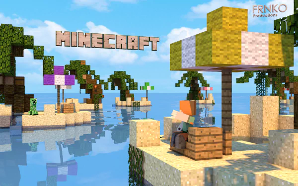 4K Ultra HD Minecraft video game wallpaper featuring blocky characters relaxing on sandy islands with palm trees and colorful umbrellas over calm blue water.