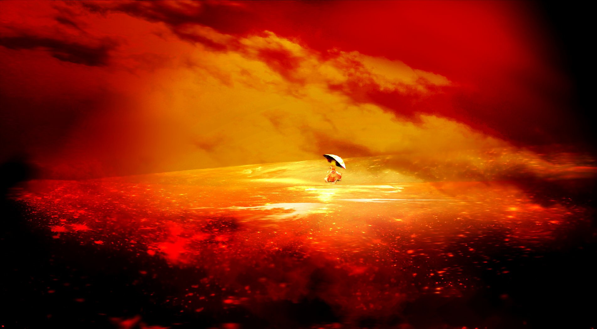 HD anime wallpaper featuring Yuuka Kazami from Touhou, standing with an umbrella amid a vivid, glowing red and orange landscape under dramatic clouds.