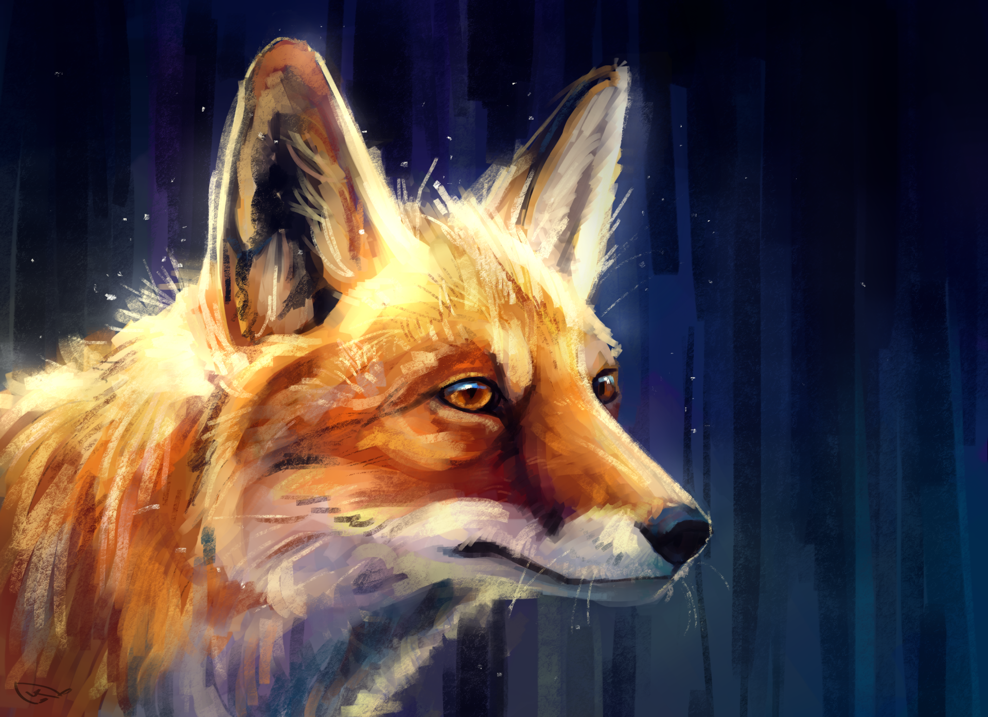 HD desktop wallpaper featuring a detailed and vibrant painting of a fox with a serene expression, set against a dark, abstract background.