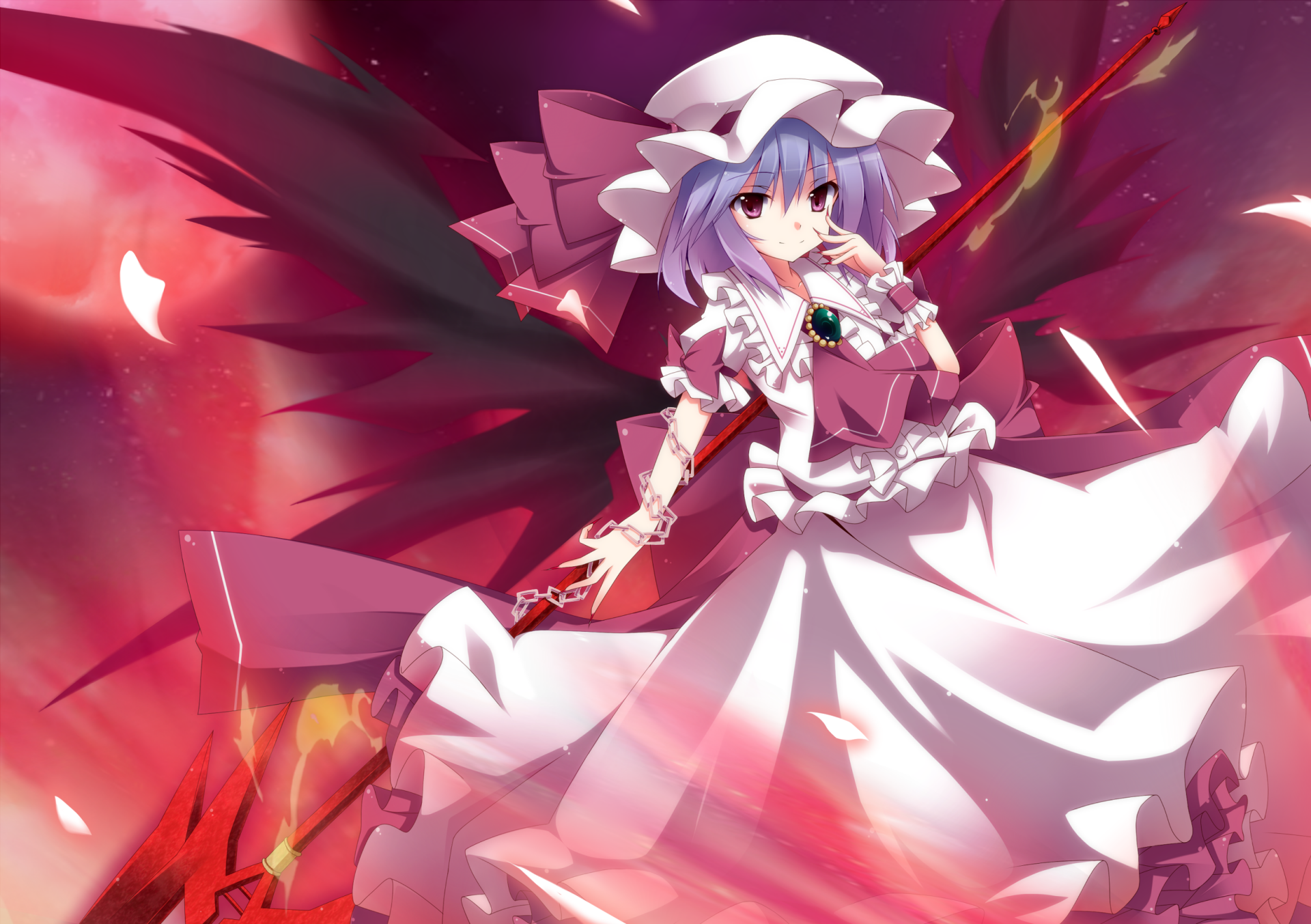 HD PC desktop wallpaper of Remilia Scarlet from Touhou — anime-style, frilled white dress, crimson bat-like wings and a glowing red background