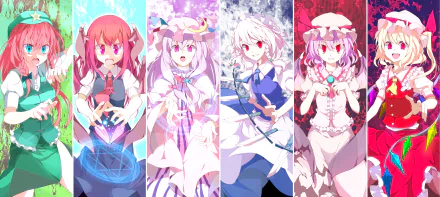 HD PC desktop wallpaper featuring anime characters Flandre Scarlet, Remilia Scarlet, Sakuya Izayoi, Patchouli Knowledge, Koakuma, and Hong Meiling from Touhou.