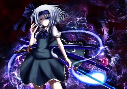 HD anime desktop wallpaper featuring Youmu Konpaku from Touhou, surrounded by swirling dark and purple energy with her swords ready.