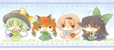 Chibi-style anime characters Utsuho Reiuji, Satori Komeiji, Rin Kaenbyou, and Koishi Komeiji from Touhou, featured in a colorful HD PC desktop wallpaper.