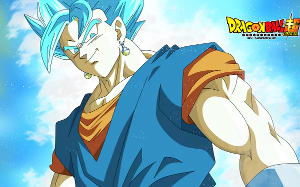 HD desktop wallpaper featuring SSGSS Vegito from Dragon Ball Super. Vegito, a fusion of Goku and Vegeta, stands confidently against a sky blue background with the Dragon Ball Super logo in the corner.