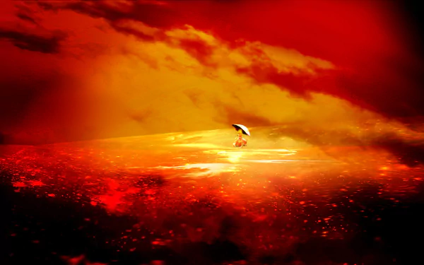 HD anime wallpaper featuring Yuuka Kazami from Touhou, standing with an umbrella amid a vivid, glowing red and orange landscape under dramatic clouds.