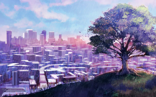 An HD anime cityscape desktop wallpaper featuring a beautiful sunrise with a solitary tree in the foreground overlooking a sprawling urban landscape.