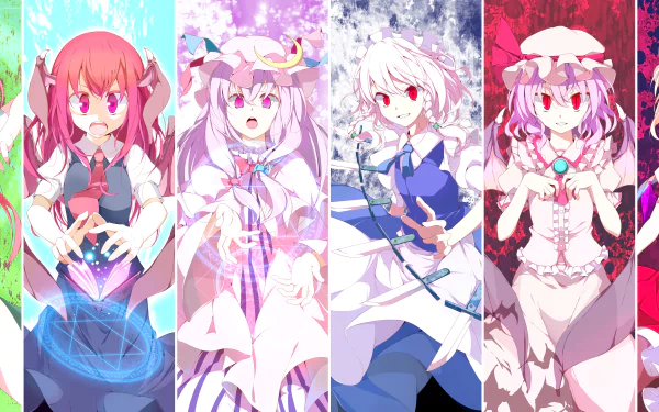 HD PC desktop wallpaper featuring anime characters Flandre Scarlet, Remilia Scarlet, Sakuya Izayoi, Patchouli Knowledge, Koakuma, and Hong Meiling from Touhou.