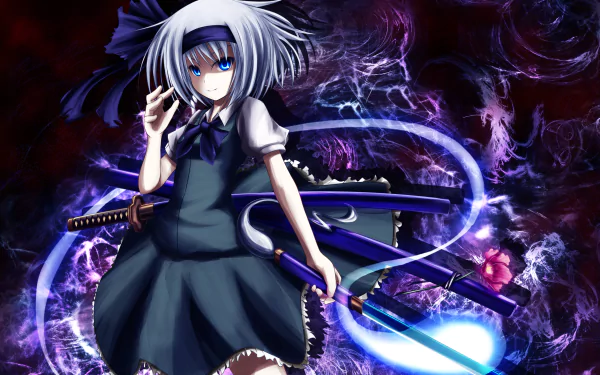 HD anime desktop wallpaper featuring Youmu Konpaku from Touhou, surrounded by swirling dark and purple energy with her swords ready.
