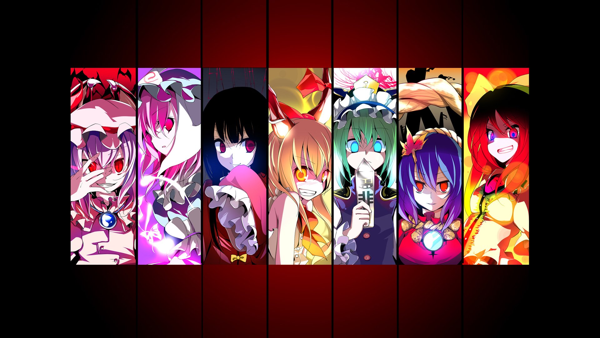 HD anime desktop wallpaper featuring Touhou characters Utsuho Reiuji, Shikieiki Yamaxanadu, Suika Ibuki, Kaguya Houraisan, Yuyuko Saigyouji, and Remilia Scarlet.