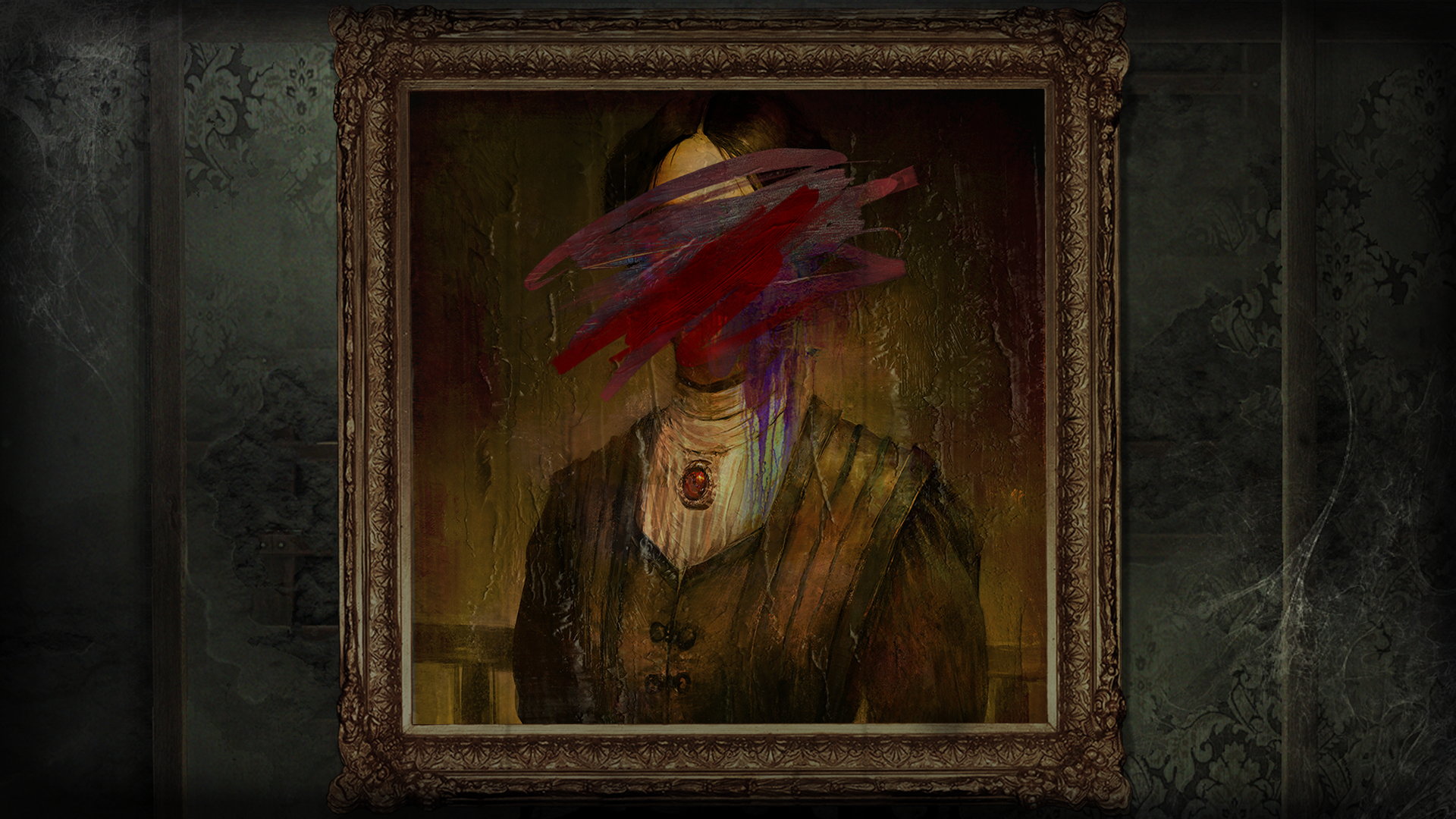 HD PC desktop wallpaper/background for the video game Layers of Fear: a framed Victorian portrait on a dim wall, the subject's face violently smeared with red brushstrokes.