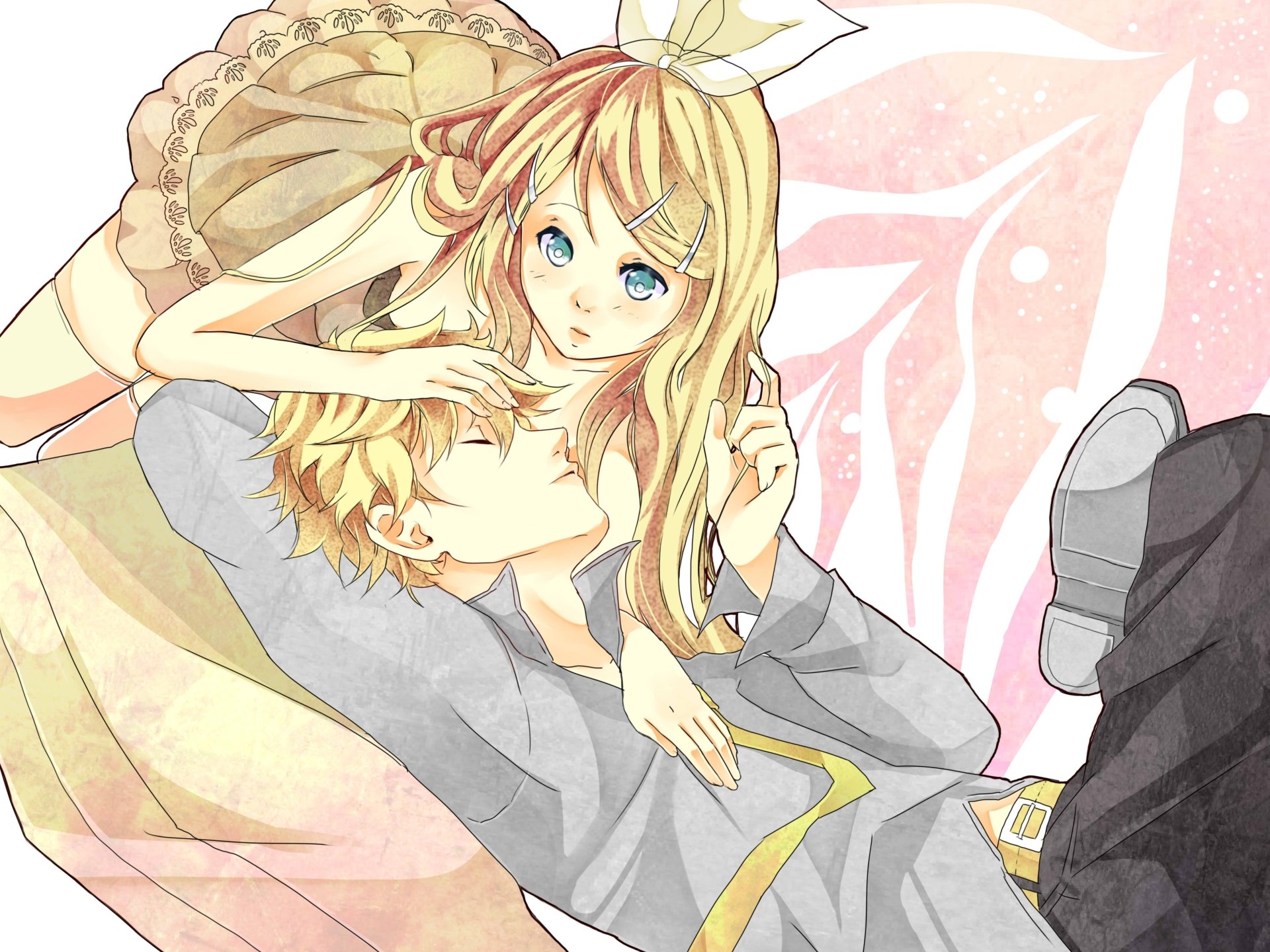 4K Ultra HD anime wallpaper featuring Vocaloid characters Len and Rin Kagamine in a soft pastel color palette with delicate, detailed artwork.