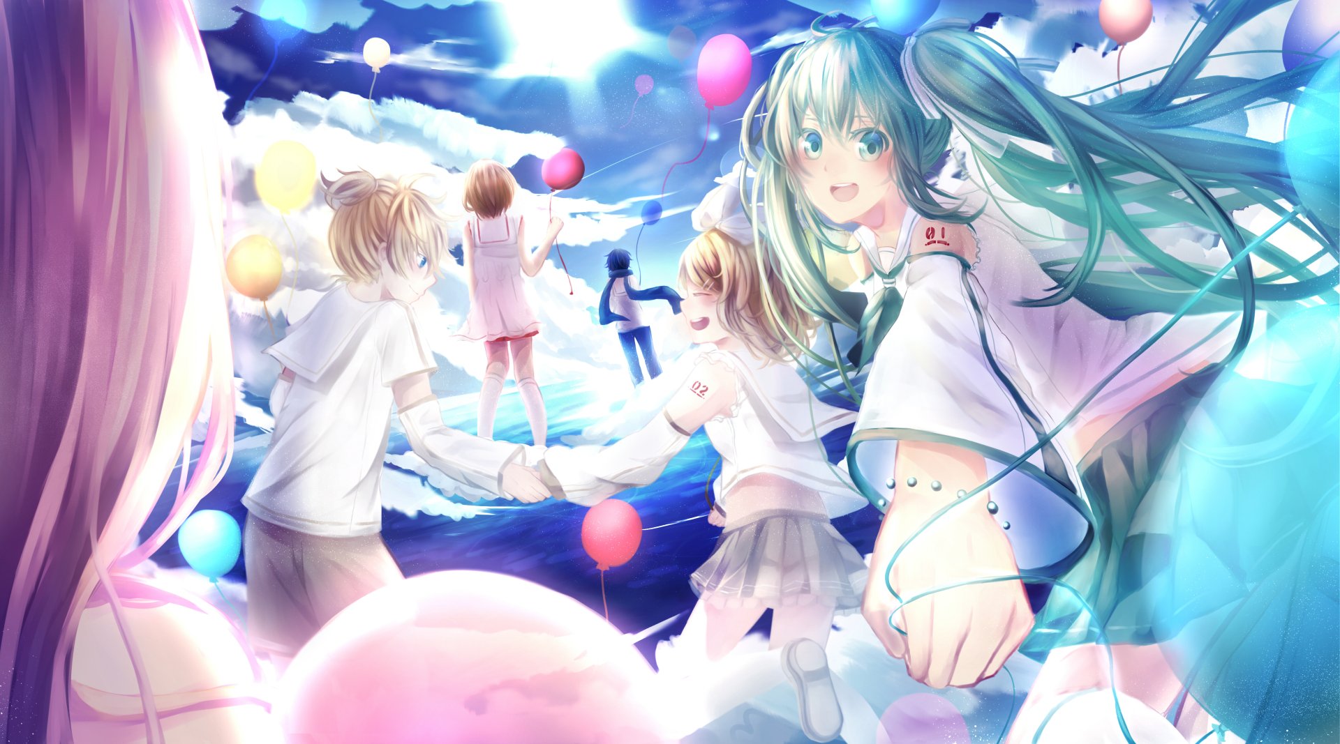 4K Ultra HD anime Vocaloid PC desktop wallpaper: Hatsune Miku reaches forward as Meiko, Kaito, Len and Rin hold hands amid clouds, balloons and a radiant sky.
