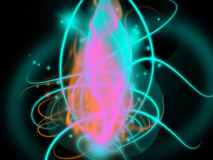 Abstract CGI HD desktop wallpaper featuring vibrant blue and pink flame-like shapes with glowing textured patterns and dynamic swirling colors.