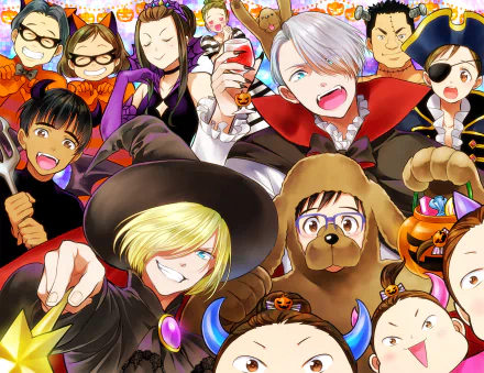 A vibrant HD desktop wallpaper featuring characters from Yuri!!! on ICE, dressed in Halloween costumes, celebrating with playful expressions and colorful decorations.