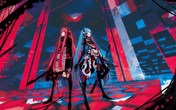 HD PC desktop wallpaper featuring anime-style Vocaloid characters Luka Megurine and Hatsune Miku standing in a dynamic, vibrant red and blue geometric environment.