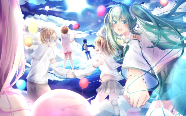 4K Ultra HD anime Vocaloid PC desktop wallpaper: Hatsune Miku reaches forward as Meiko, Kaito, Len and Rin hold hands amid clouds, balloons and a radiant sky.