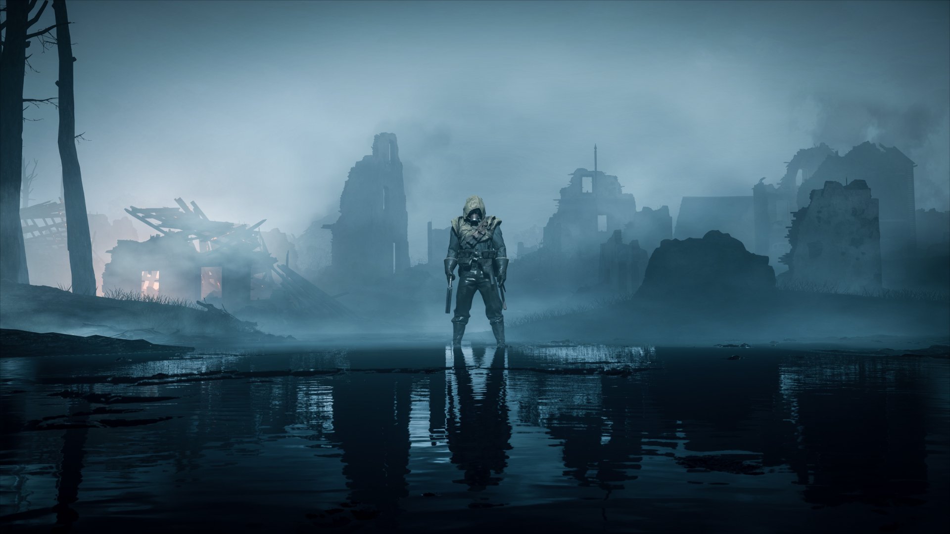 A striking HD desktop wallpaper from Battlefield 1, featuring a lone figure standing in a desolate landscape, shrouded in mist and reflecting in water.