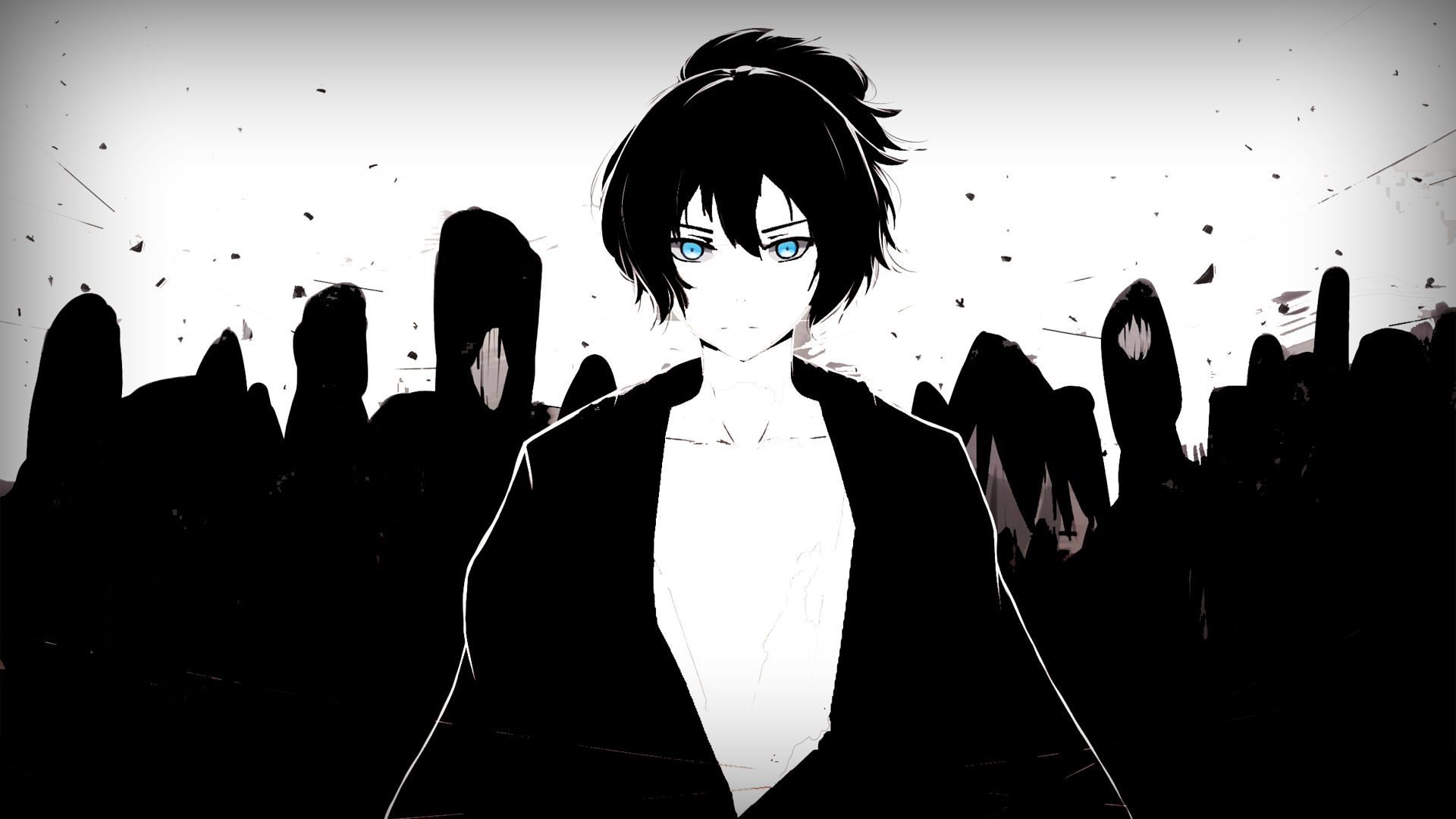 A striking HD desktop wallpaper featuring an anime character from Noragami, set against a dramatic black and white background with shadowy figures.