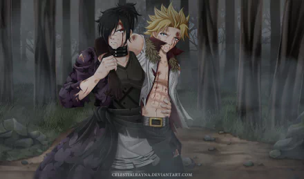 An HD desktop wallpaper featuring Rogue Cheney and Sting Eucliffe from the anime Fairy Tail, set in a misty forest scene with a dramatic atmosphere.