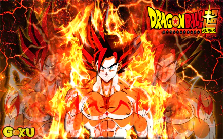 HD desktop wallpaper featuring Goku from Dragon Ball Super, surrounded by intense flames with multiple images of Goku in the background. The series logo is present in the top-right corner.