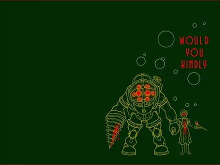 HD PC desktop wallpaper featuring a minimalist, neon-style outline of a Big Daddy and Little Sister from the video game Bioshock on a dark green background.