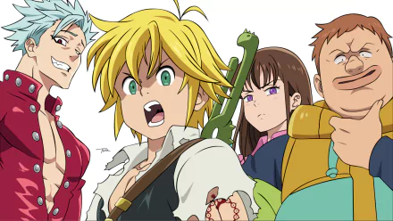 HD wallpaper featuring characters Diane, King, Meliodas, and Ban from The Seven Deadly Sins anime, showcasing their distinct appearances and expressions against a simple background.