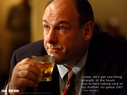 HD PC desktop wallpaper: brooding mob boss from the TV drama The Sopranos, raising a whiskey glass in a dimly lit room.