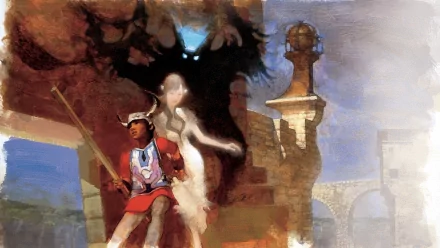 A captivating HD wallpaper featuring characters from the video game Ico, showcasing the protagonist with a mystical figure and a shadowy presence in a surreal landscape.