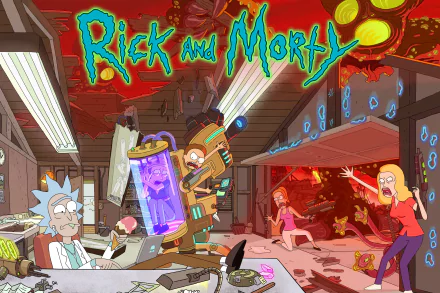 A vibrant HD wallpaper featuring characters from Rick and Morty, including Rick Sanchez, Morty, Summer, Beth, and Jerry, set in a chaotic scene filled with sci-fi elements.