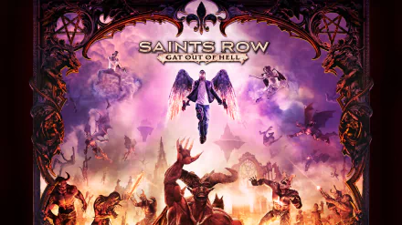 Saints Row: Gat Out of Hell video game 2K Quad HD PC wallpaper — winged hero descends over a purple-pink hellscape as demons reach upward within an ornate gothic frame.