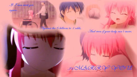 HD Anime desktop wallpaper from Angel Beats! featuring close-up scenes of characters expressing love with soft pink tones and emotional text overlays.