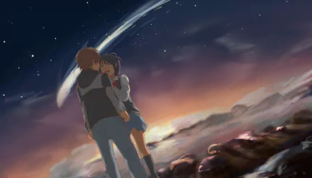 Your Name. anime wallpaper of Taki Tachibana and Mitsuha Miyamizu embracing under a starry sky with a comet streak — 2K Quad HD PC desktop background.