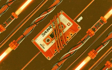 HD PC desktop wallpaper featuring a vintage orange cassette tape labeled Strange, surrounded by glowing neon tubes in a retro music-themed design.