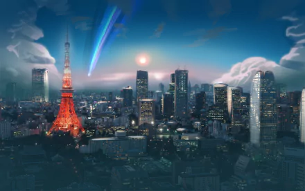 HD anime wallpaper featuring a vibrant cityscape from Your Name. with illuminated buildings and a radiant sky.