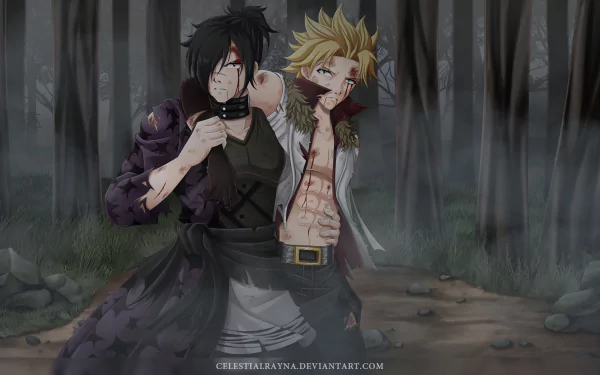 An HD desktop wallpaper featuring Rogue Cheney and Sting Eucliffe from the anime Fairy Tail, set in a misty forest scene with a dramatic atmosphere.